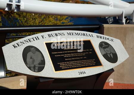 Monument on Kenneth F Burns Memorial Bridge, Worcester, Massachusetts Stock Photo