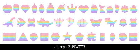 Big set of popit birthday, dinosaur and various forms pop it a trendy pastel fidget toys. Addictive anti stress toy in pastel rainbow colors. Bubble s Stock Vector