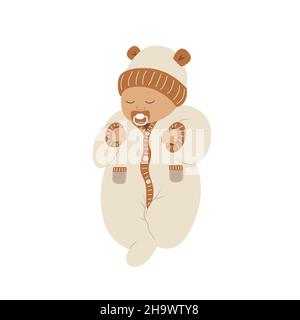 Boho sleeping newborn. Cute baby in scandinavian bed clothes. Healthy sleep concept. Vector illustration in flat cartoon style Stock Vector