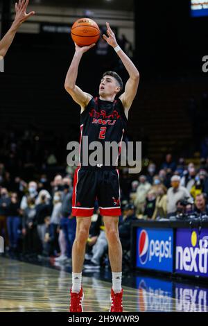 Boulder, CO, USA. 08th Dec, 2021. Eastern Washington Eagles guard Steele Venters (2) puts in a three pointerin the men's basketball game between Colorado and Eastern Washington at the Coors Events center in Boulder, CO. CU escaped 60-57. Derek Regensburger/CSM/Alamy Live News Stock Photo