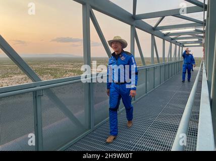 July 20, 2021, Van Horn, Texas, USA: Wally Funk, 82, became the oldest person to fly in space. OliverÊDaemen, 18, was the firstÊeverÊcommercial astronaut to purchase a ticket and fly to space on a privately-fundedÊandÊlicensed space vehicleÊfrom a private launch site.ÊHe also became the youngest person to fly in space. New Shepard became the firstÊcommercialÊvehicle under aÊsuborbital reusable launch vehicleÊlicense to flyÊpayingÊcustomers,ÊbothÊpayloads and astronauts,Êto space and back. Jeff and Mark Bezos became the first siblings to ever fly in space together. New Shepard, Blue Origin's fu Stock Photo