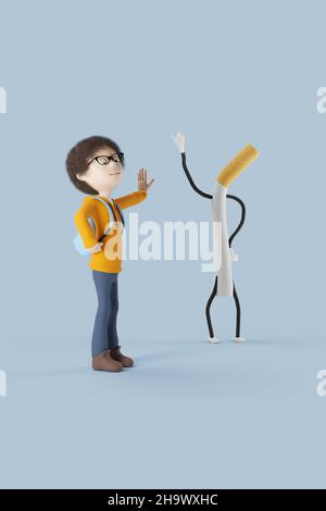 School kid holding his hand up against arguing cigarette figure. No tobacco concept. 3D rendering. Stock Photo