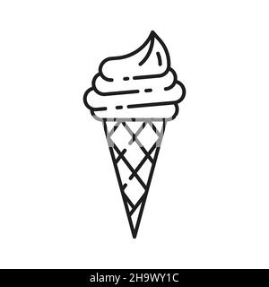 Cold ice sundae swirl in wafer refreshing summer dessert isolated outline icon. Vector gelato icecream, sweet ice-cream, fastfood takeaway snack. Vani Stock Vector