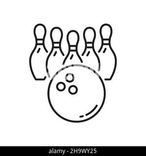 Bowling ball and pins isolated outline icon. Vector hobby entertainment sport activity thin line symbol, club team game, 5 pins and strike ball, leisu Stock Vector