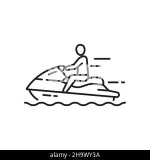 Man riding on water bike, scooter isolated outline icon. Vector summer voyage cruise transportation marine transport. High-speed jet ski, speed power Stock Vector