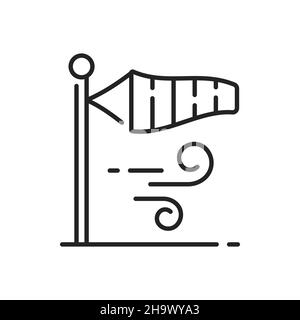 Strong breeze flag up isolated outline icon. Vector windsock, wind speed inflated striped windbag on airport runway. Wind sock, windy weather meteorol Stock Vector