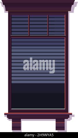 Dark window covered with blinds. Cartoon wooden frame isolated on white background Stock Vector