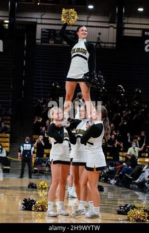 Boulder, CO, USA. 08th Dec, 2021. Colorado cheerleaders perform during a timeout in the men's basketball game between Colorado and Eastern Washington at the Coors Events center in Boulder, CO. CU escaped 60-57. Derek Regensburger/CSM/Alamy Live News Stock Photo