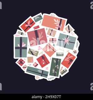 Vector holiday round illustration of hygge gifts with ribbons and branches on dark violet background. Circle composition of gift boxes in pastel color Stock Vector
