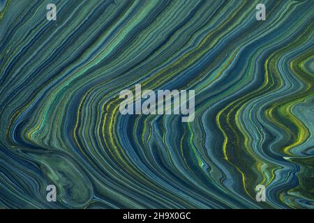 Abstract fluid art background navy blue and green glitter colors. Liquid marble. Acrylic painting on canvas with dark gradient. Watercolor backdrop wi Stock Photo