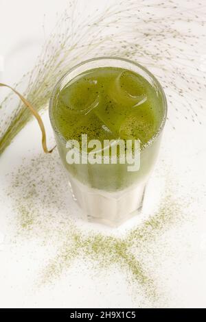 https://l450v.alamy.com/450v/2h9x1c5/matcha-latte-with-coconut-milk-and-ice-in-tall-glass-on-white-table-2h9x1c5.jpg