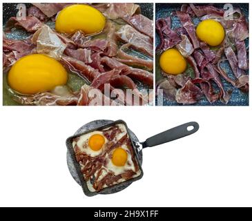 Collage food of fried eggs with ham in a pan isolated on white background. Stock Photo