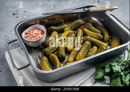 Homemade marinated pickled cucumbers with dill, garlic and spices in big kitchen tray. Gray background. Top view Stock Photo