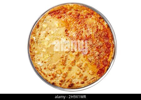 Top view of pizza with four types of toppings isolated on white background Stock Photo