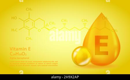 Realistic E Alpha Tocotrienol Vitamin drop with structural chemical formula. 3D Vitamin molecule E Alpha Tocotrienol design. Drop pill capsule. Stock Vector