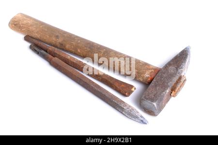 Vintage old rustic claw hammer with Chisel. Isolated Stock Photo