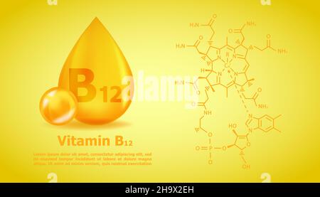Realistic B12 Cyanocobalamin Vitamin drop with structural chemical formula. 3D Vitamin molecule B12 Cyanocobalamin design. Drop pill capsule. Stock Vector