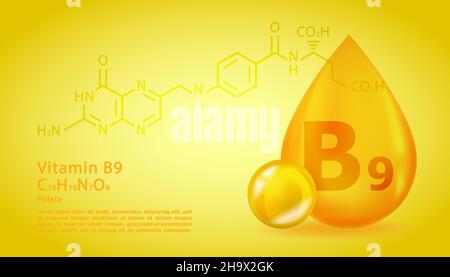 Realistic B9 Folate Vitamin drop with structural chemical formula. 3D Vitamin molecule B9 Folate design. Drop pill capsule. Stock Vector