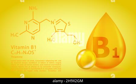 Realistic B1 Thiamine Vitamin drop with structural chemical formula. 3D Vitamin molecule B1 Thiamine design. Drop pill capsule. Stock Vector