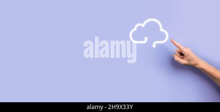 Business woman holding icon cloud computing network and icon connection data information in hand. Cloud computing and technology concept Stock Photo