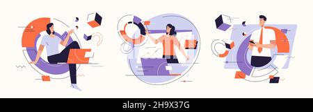 Vector illustrations on the subject of data gathering, business intelligence, digital solutions. Editable stroke Stock Vector