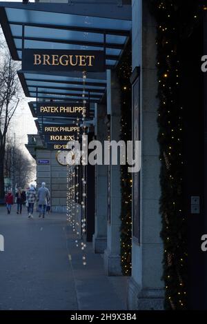 Luxury watch shop Beyer, Breguet, Patek Philippe and Rolex on Bahnhofstrasse in Zurich, with Christmas decoration. Stock Photo