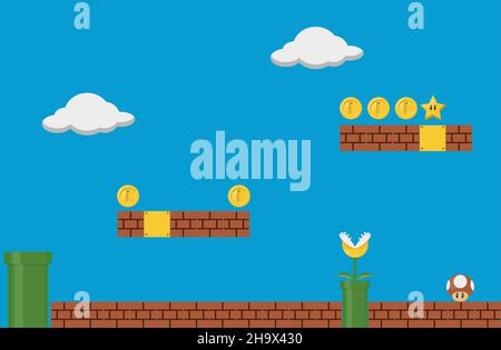 Vector flat card with super mario. Cartoon-style background template for birthday invitation. Illustration with elements for the game Stock Vector