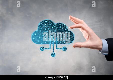 Cloud technology. Polygonal wireframe cloud storage sign with data collection icon on dark blue. Cloud computing, big data center, future infrastructu Stock Photo