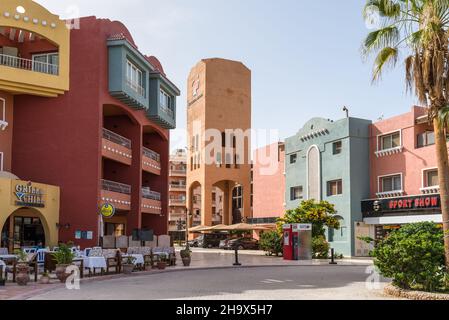 Hurghada, Egypt - May 31, 2021: Street view of New Marina boulevard in Hurghada with tourist shops and restaurants, popular beach resort town along Re Stock Photo