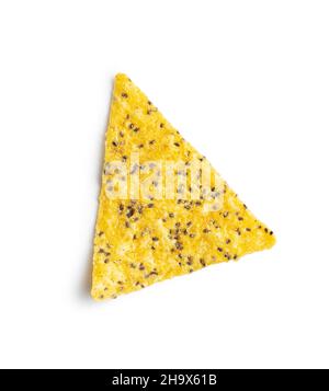 Salted tortilla chips triangle with chia seeds isolated on white background. Stock Photo