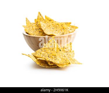 Salted tortilla chips triangle with chia seeds isolated on white background. Stock Photo