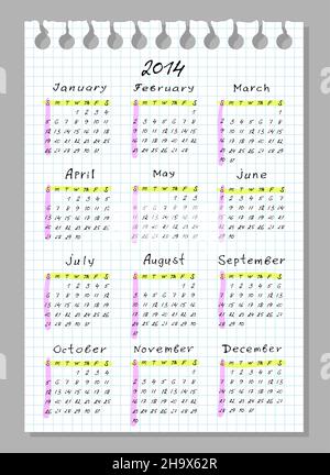 Calendar for 2014. Week begins with Sunday. Handwork font. Stock Vector