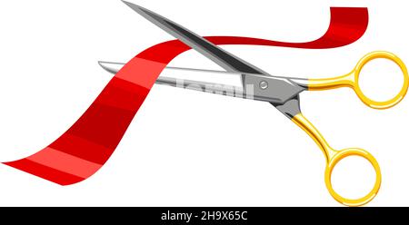 Scissors, cut the red tape on white background. Stock Vector