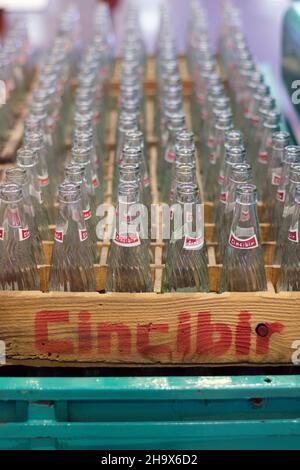 Izmir, Turkey - June 21, 2021: The Cincibir brand old glass empty soda bottles in wooden case. Editorial shot in izmir Turkey. Stock Photo