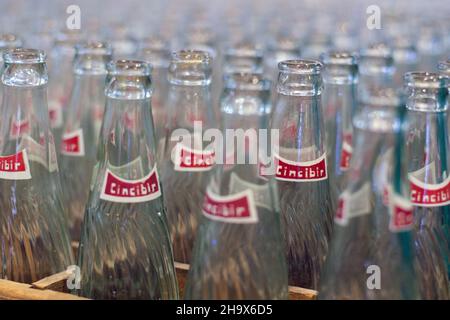 Izmir, Turkey - June 21, 2021: The old glass empty soda bottles in wooden case. Editorial shot in izmir Turkey. Stock Photo