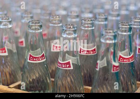 Izmir, Turkey - June 21, 2021: The old Cincibir Brand glass empty soda bottles in wooden case. Editorial shot in izmir Turkey. Stock Photo