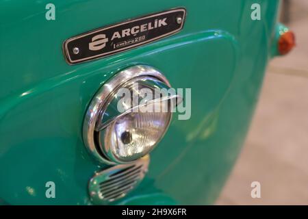 Izmir, Turkey - June 21, 2021: Close up shot of a Arçelik Lambro200 green motocycle's headlight which produced in 1969. Editorial Shot in Izmir Turkey Stock Photo