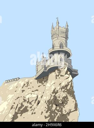 Swallow's Nest is a decorative castle near Yalta on the Crimean peninsula in southern Ukraine. Stock Vector