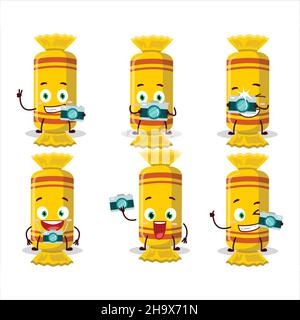 Photographer profession emoticon with yellow long candy package cartoon character. Vector illustration Stock Vector