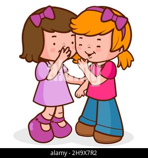 Two little girls share secrets, whispering, talking and laughing. Stock Photo