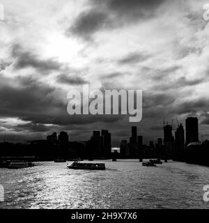 Central London UK November 21 2021, London Skyline Silhouette Against Cloudy Stormy Sky Over River Thames Stock Photo