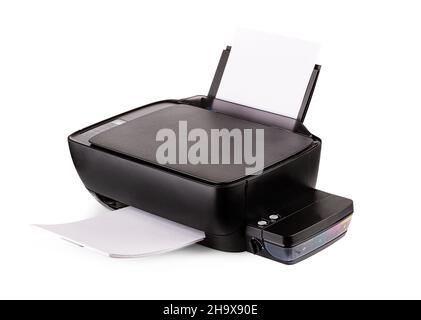 New modern multifunction black inkjet printer with paper isolated on white background Stock Photo