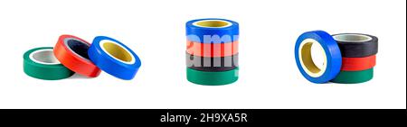 Red, green and blue adhesive insulating electrical tape reels stack set isolated on white background. Stock Photo