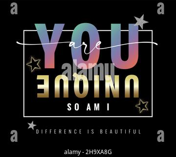 You are unique slogan quote on black background. Golden foil and rainbow color text phrase for greeting card, t-shirt, prints, invitation, poster Stock Vector