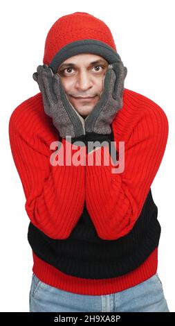 Beard indian man wear jacket in cold winter day. Mobile earphones in ...