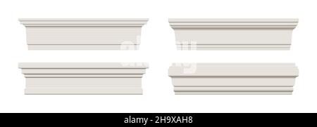 Set of white skirting baseboard molding. Ceiling crown on white background. Plaster, wooden or styrofoam interior decor. Classic home design. Vector i Stock Vector