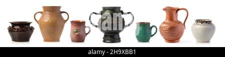 Mix set of rustic jugs isolated on white background, different size and shape Stock Photo
