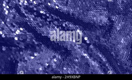 Festive violet texture of sequins or tinsel for New year evening dress. Abstract background. Close up. Stock Photo