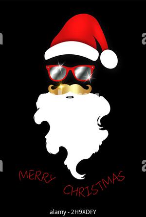 Santa Claus Christmas red hat, white beard, gold mustache and fashion mirrored sunglasses, festive xmas party decoration. Vector illustration Stock Vector