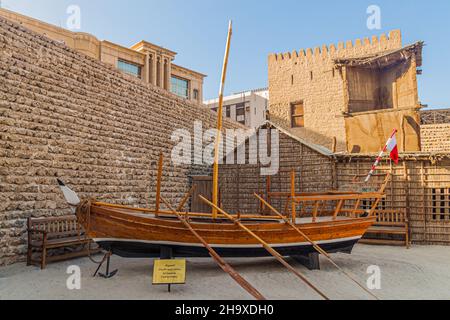 DUBAI, UAE - JANUARY 18, 2018: Exhibit of a traditional Sambuk boat in the Dubai Museum in the Al Fahidi Fort in Dubai, UAE Stock Photo